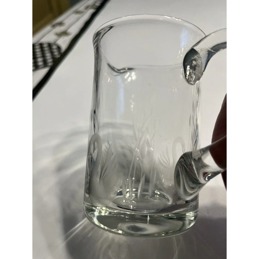Crystal Glass Clear Etched Swans & Cattails Creamer Sugar Bowl w Lid